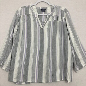 Splendid Gray Purple‎ Striped Linen Blend Y Neck 3/4 Sleeve Blouse size XXL